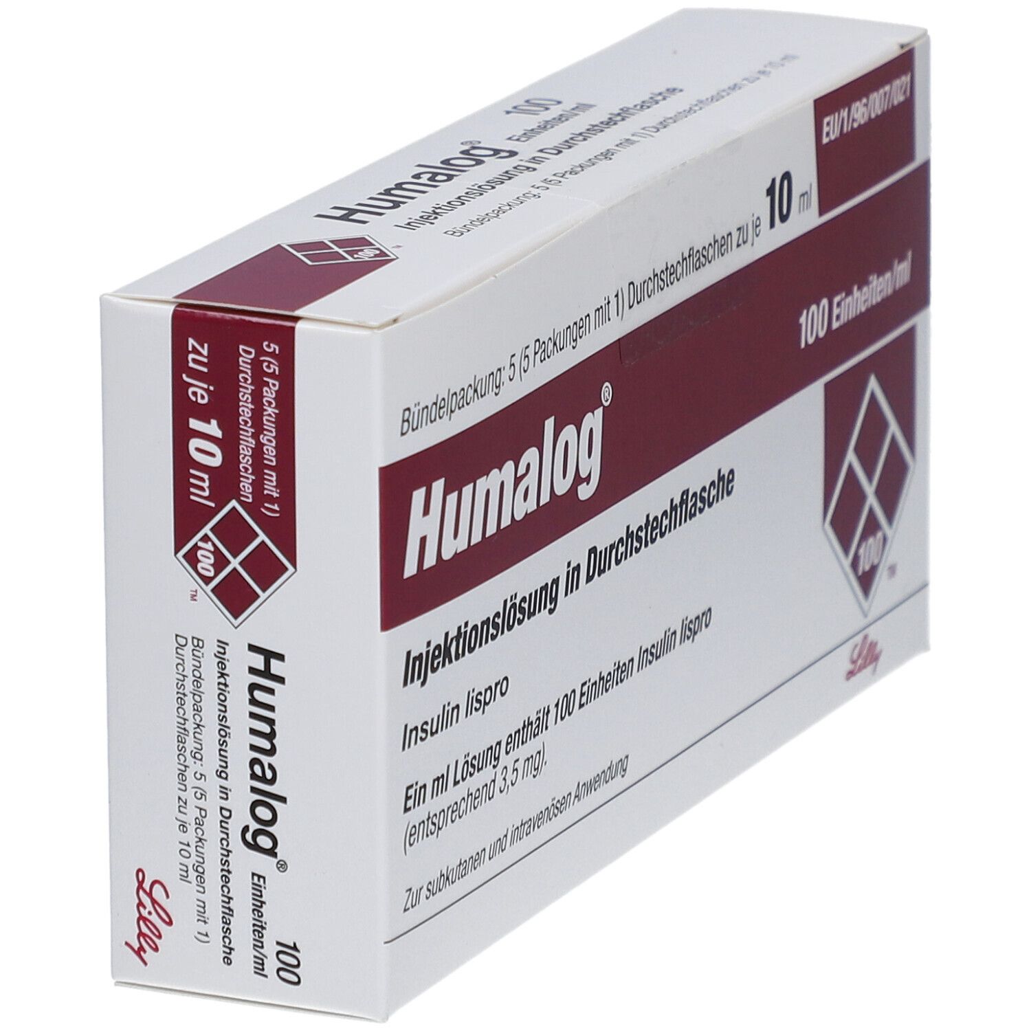Schräg gestellte Verpackung von Humalog Injektionslösung. Aufschrift: 100 Einheiten/ml. Enthält 5 Packungen mit Durchstechflaschen.