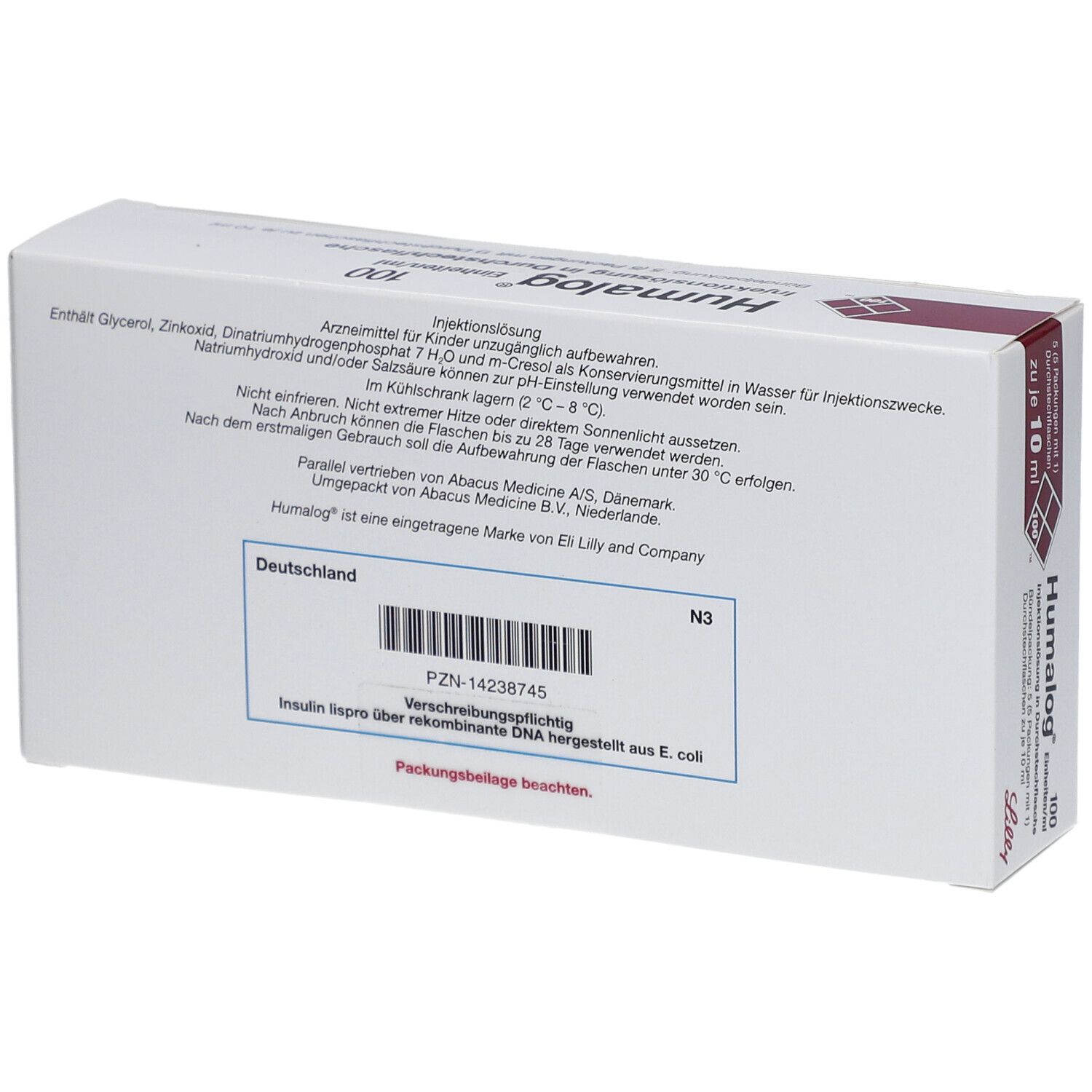 Rückseite der Humalog Injektionslösung Verpackung. Enthält Informationen und Barcode. Hergestellt in Deutschland.