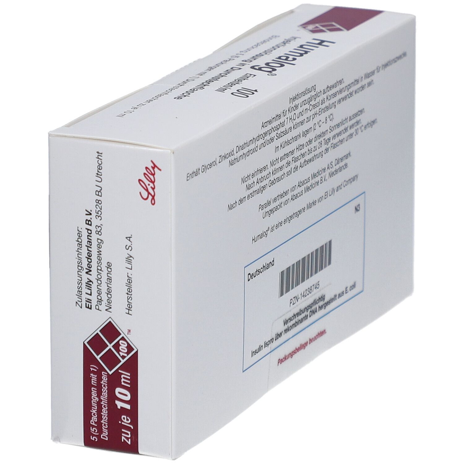 Schräg gestellte Rückseite der Humalog Injektionslösung Verpackung. Informationen und Barcode. Hergestellt in Deutschland.