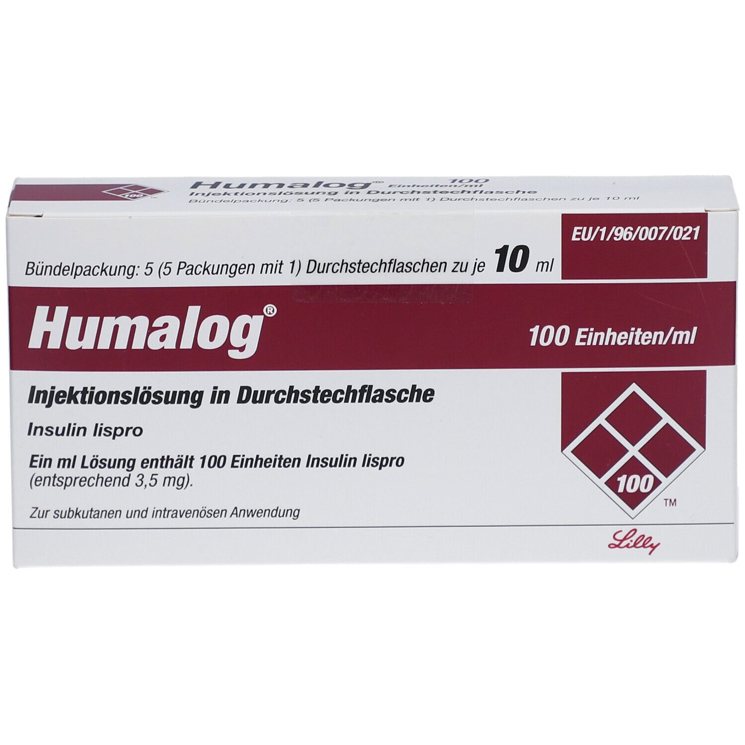 Verpackung von Humalog Injektionslösung. Aufschrift: 100 Einheiten/ml. Enthält 5 Packungen mit Durchstechflaschen.