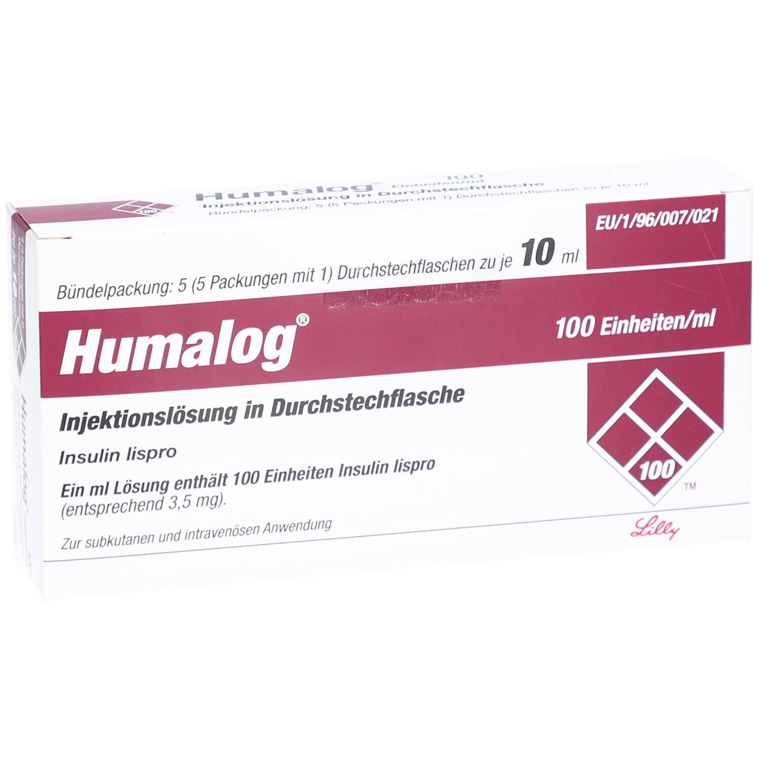 Verpackung von Humalog Injektionslösung. Aufschrift: 100 Einheiten/ml. Enthält 5 Packungen mit Durchstechflaschen.