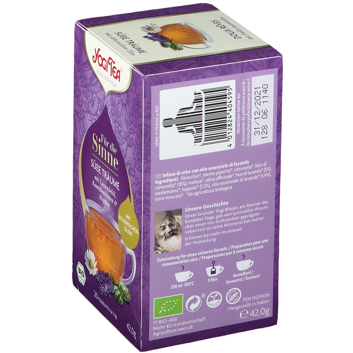 Rückseite der Teebox. "YOGI TEA®" und "Für die Sinne Süße Träume" sind sichtbar. Zutatenliste und Zubereitungshinweise.