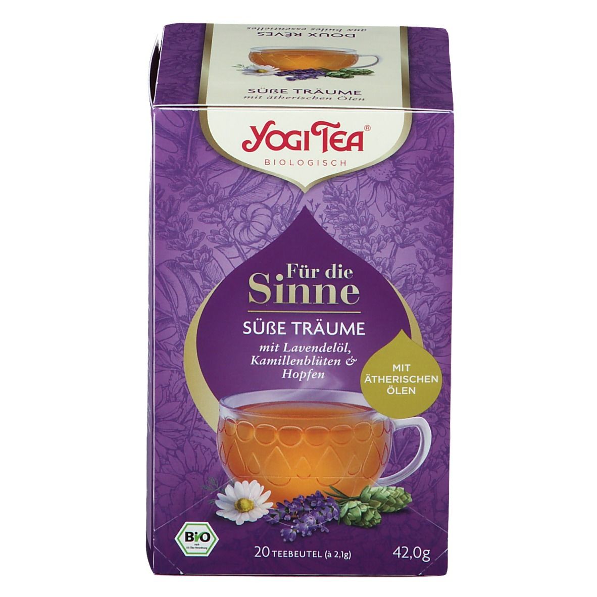 Violette Teebox mit Aufdruck. "YOGI TEA®" und "Für die Sinne Süße Träume" sind sichtbar. 20 Teebeutel, 42,0g.