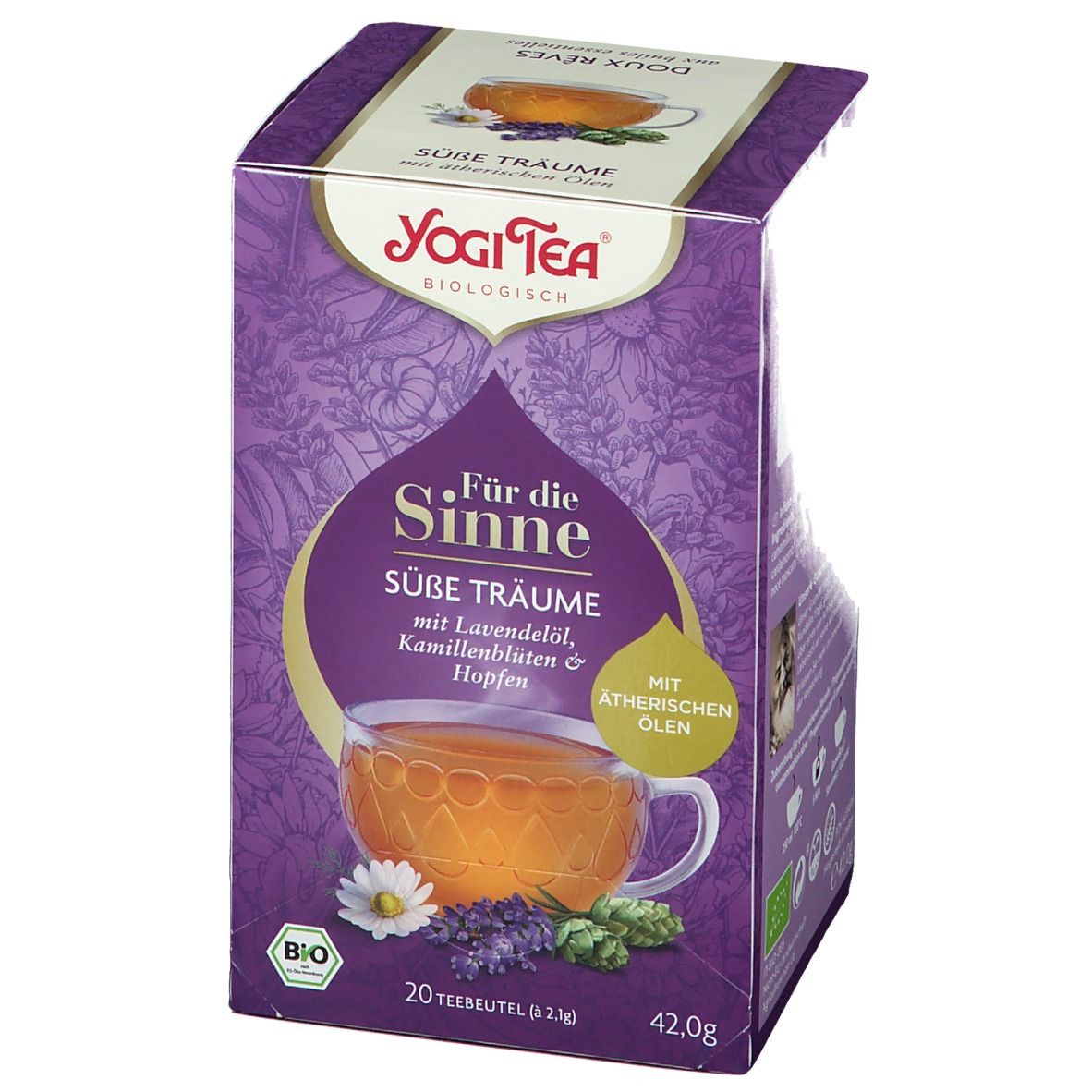 Teebox mit Aufdruck. "YOGI TEA®" und "Für die Sinne Süße Träume" sind sichtbar. 20 Teebeutel, 42,0g. Geöffnete Verpackung.