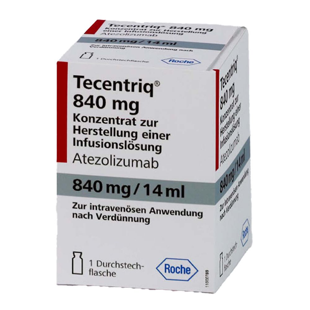Tecentriq 840 mg Konzentrat zur Herstellung einer Infusionslösung. Atezolizumab. Verpackung mit 1 Durchstechflasche. Roche Logo.