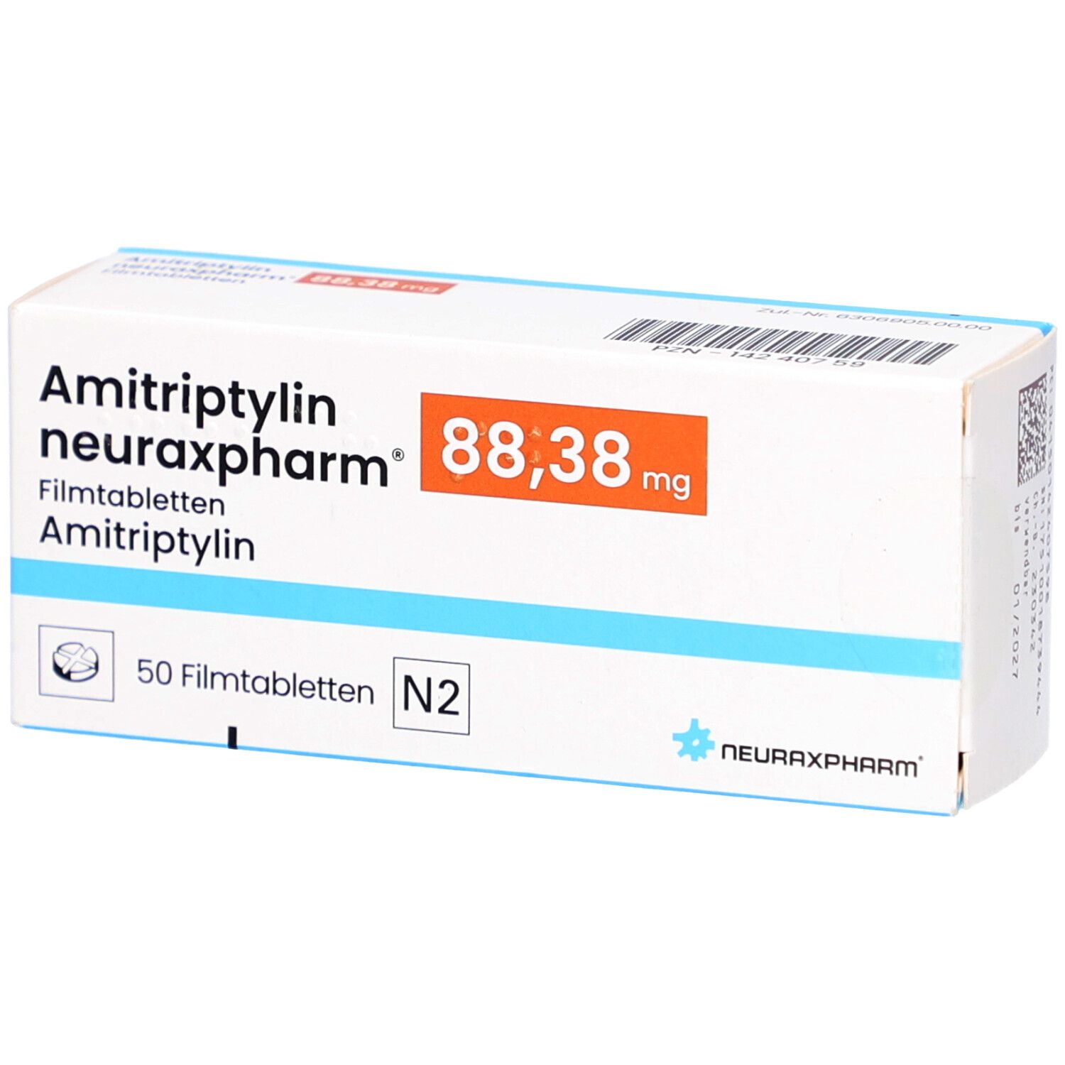 Schachtel AMITRIPTYLIN neuraxpharm 88,38 mg Filmtabletten. Weiß, blau und orangefarben. Aufschrift: 50 Filmtabletten.