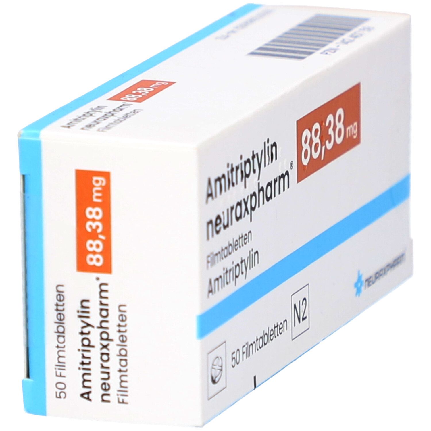 Schachtel AMITRIPTYLIN neuraxpharm 88,38 mg Filmtabletten. Weiß, blau und orangefarben. Aufschrift: 50 Filmtabletten.