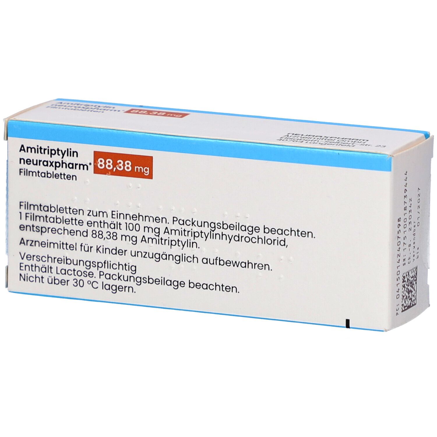 Schachtel AMITRIPTYLIN neuraxpharm 88,38 mg Filmtabletten. Rückseite mit Text. Weiß, blau und orangefarben. Aufschrift: 50 Filmtabletten.
