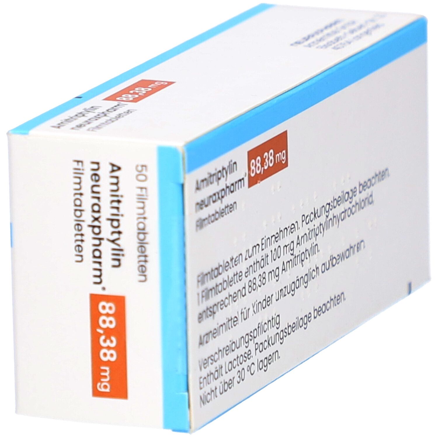 Schachtel AMITRIPTYLIN neuraxpharm 88,38 mg Filmtabletten. Rückseite mit Text. Weiß, blau und orangefarben. Aufschrift: 50 Filmtabletten.