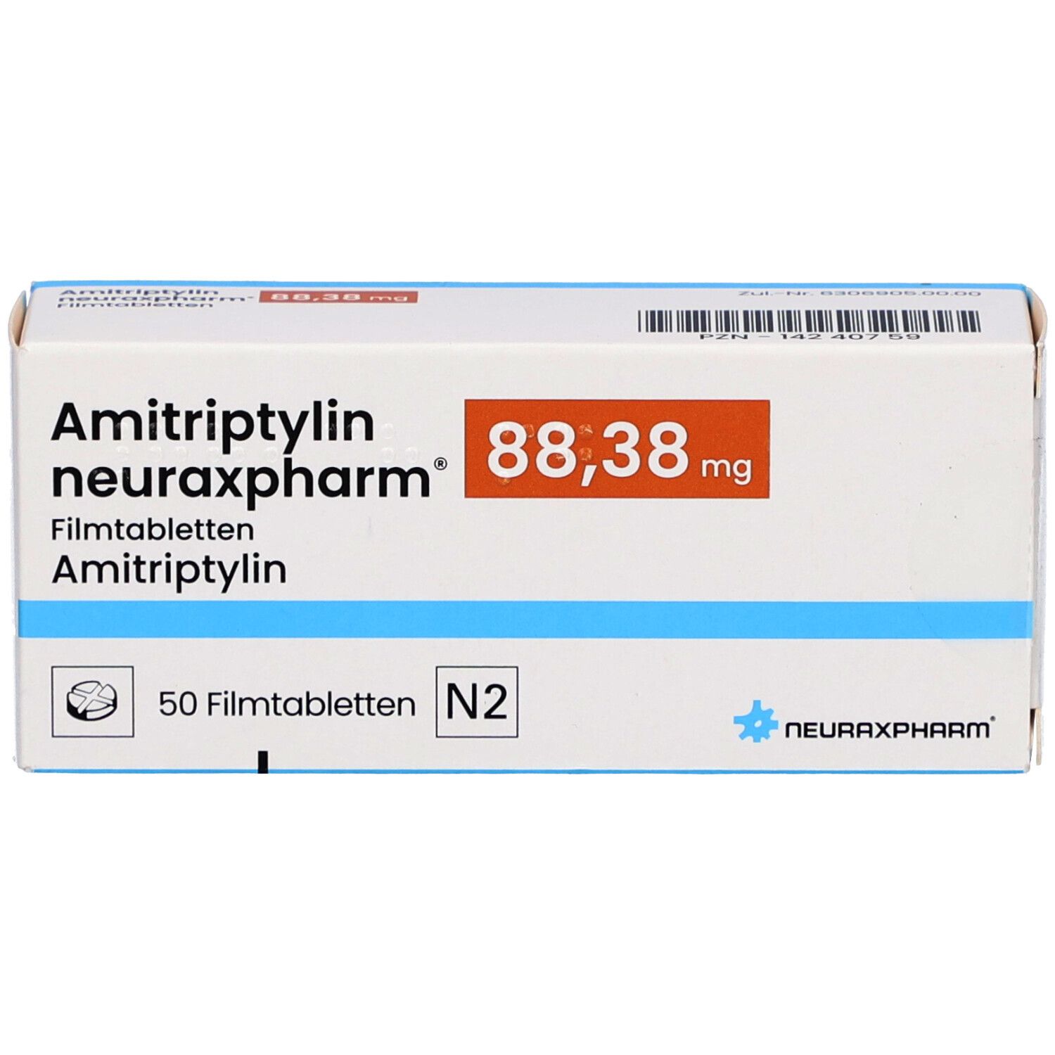 Schachtel AMITRIPTYLIN neuraxpharm 88,38 mg Filmtabletten. Weiß, blau und orangefarben. Aufschrift: 50 Filmtabletten.