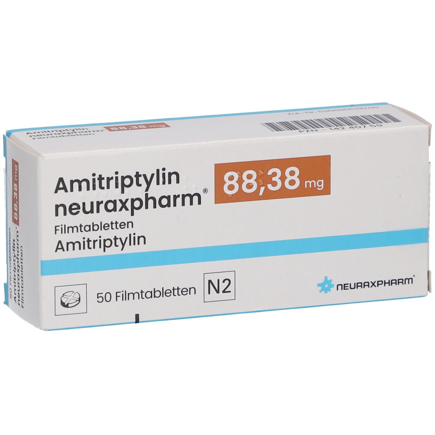 Schachtel AMITRIPTYLIN neuraxpharm 88,38 mg Filmtabletten. Weiß, blau und orangefarben. Aufschrift: 50 Filmtabletten.