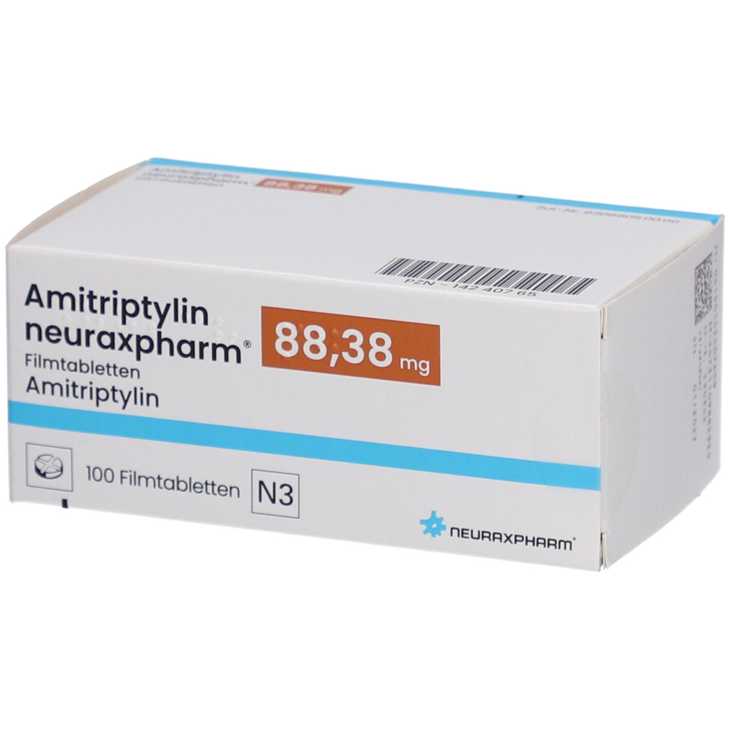 Schachtel mit AMITRIPTYLIN neuraxpharm 88,38 mg Filmtabletten. Aufschrift: 100 Filmtabletten N3. Logo von neuraxpharm.