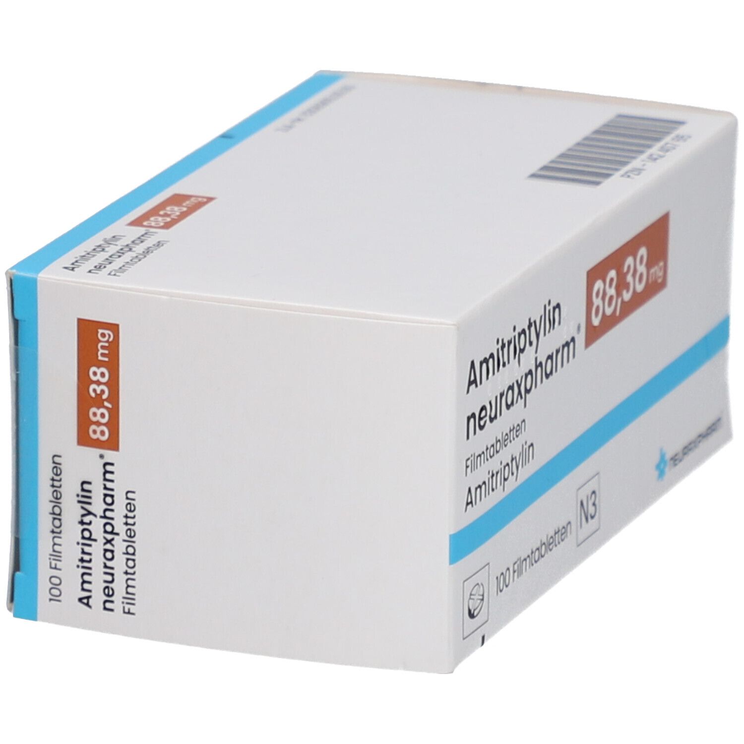 Schachtel mit AMITRIPTYLIN neuraxpharm 88,38 mg Filmtabletten. Aufschrift: 100 Filmtabletten N3. Logo von neuraxpharm.