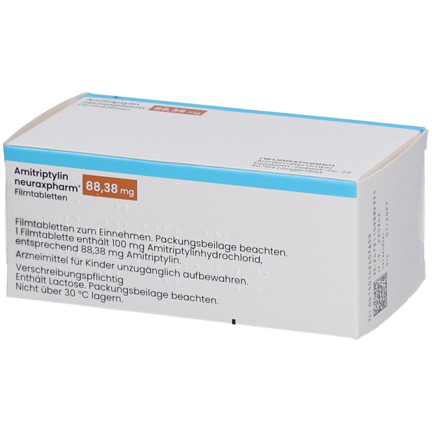 Schachtel mit AMITRIPTYLIN neuraxpharm 88,38 mg Filmtabletten. Aufschrift: 100 Filmtabletten N3. Logo von neuraxpharm.