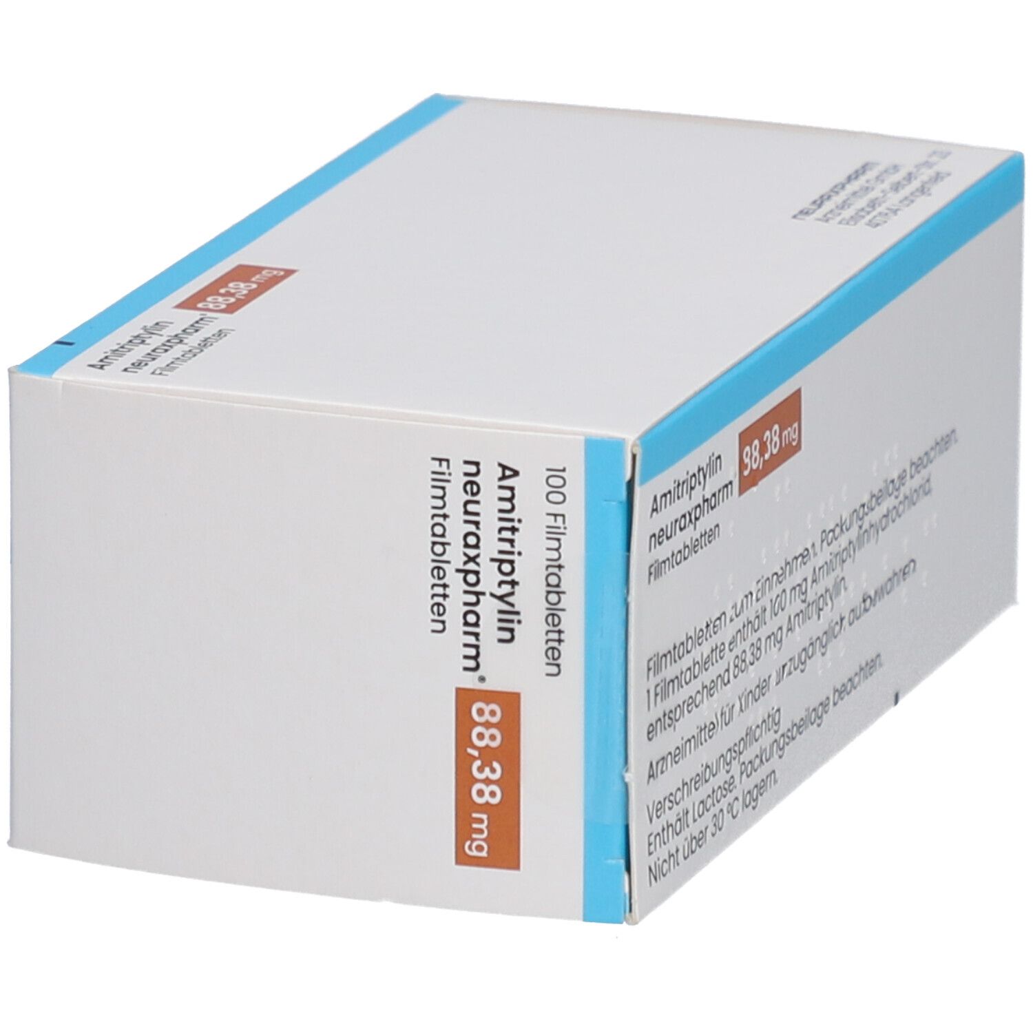 Schachtel mit AMITRIPTYLIN neuraxpharm 88,38 mg Filmtabletten. Aufschrift: 100 Filmtabletten N3. Logo von neuraxpharm.