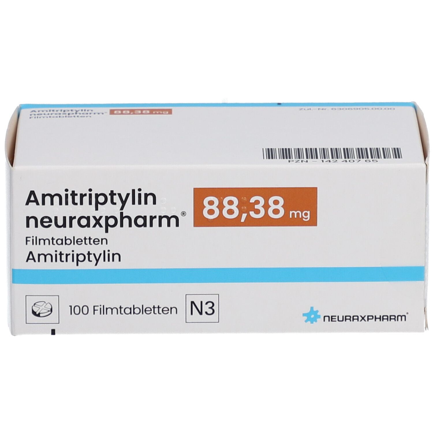 Schachtel mit AMITRIPTYLIN neuraxpharm 88,38 mg Filmtabletten. Aufschrift: 100 Filmtabletten N3. Logo von neuraxpharm.