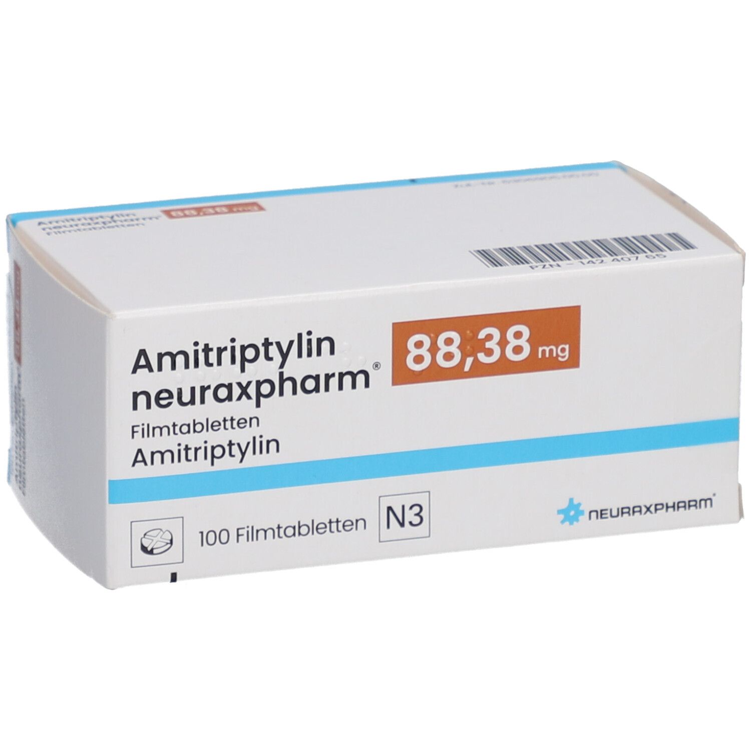Schachtel mit AMITRIPTYLIN neuraxpharm 88,38 mg Filmtabletten. Aufschrift: 100 Filmtabletten N3. Logo von neuraxpharm.