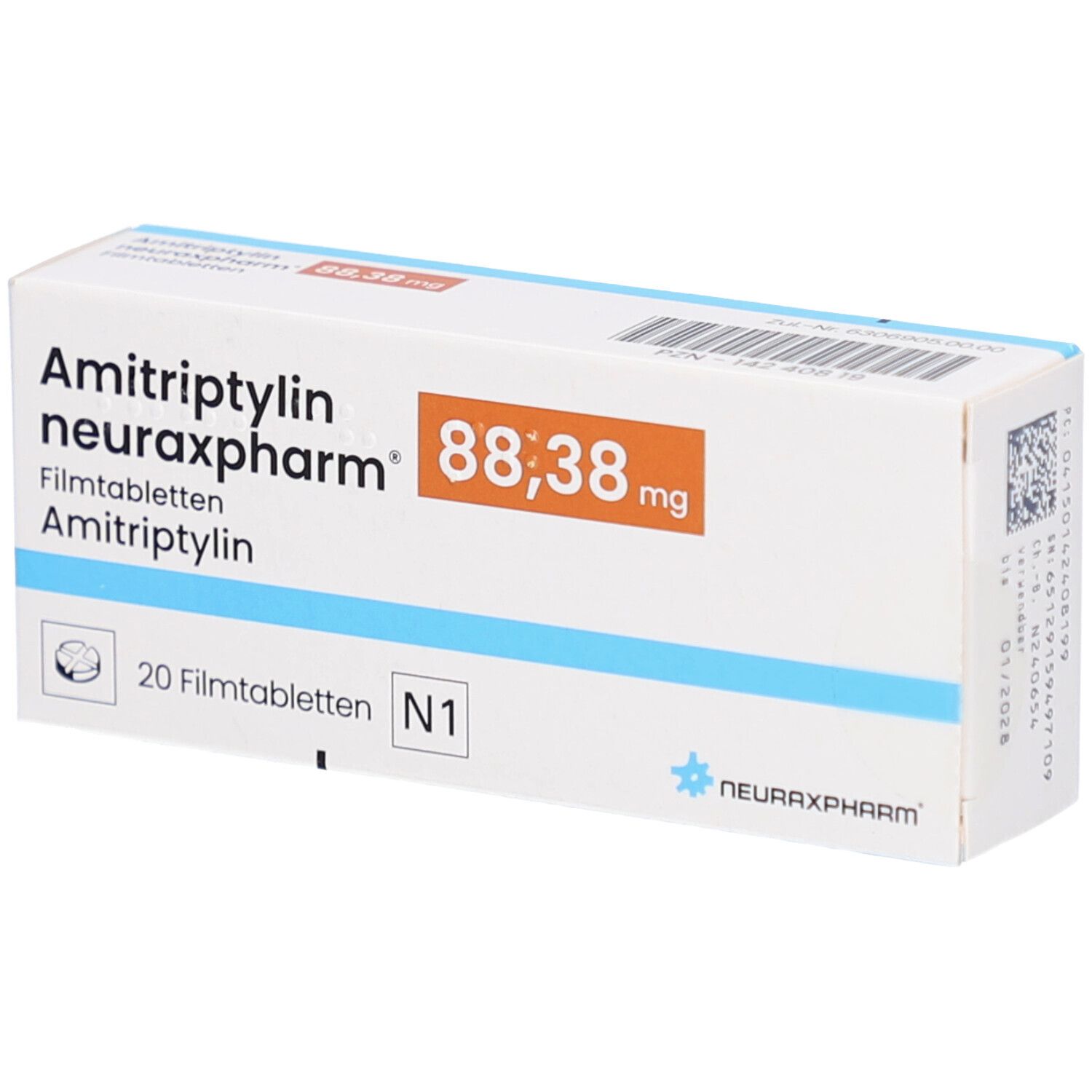 Schachtel AMITRIPTYLIN neuraxpharm 88,38 mg Filmtabletten. Weiße Schachtel mit blauen und orangefarbenen Akzenten. 20 Filmtabletten.