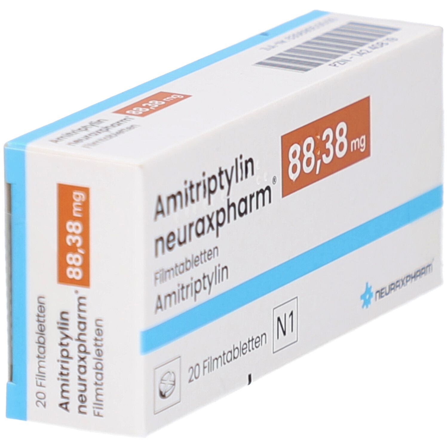 Schachtel AMITRIPTYLIN neuraxpharm 88,38 mg Filmtabletten. Perspektivische Ansicht. Weiße Schachtel mit blauen und orangefarbenen Akzenten.