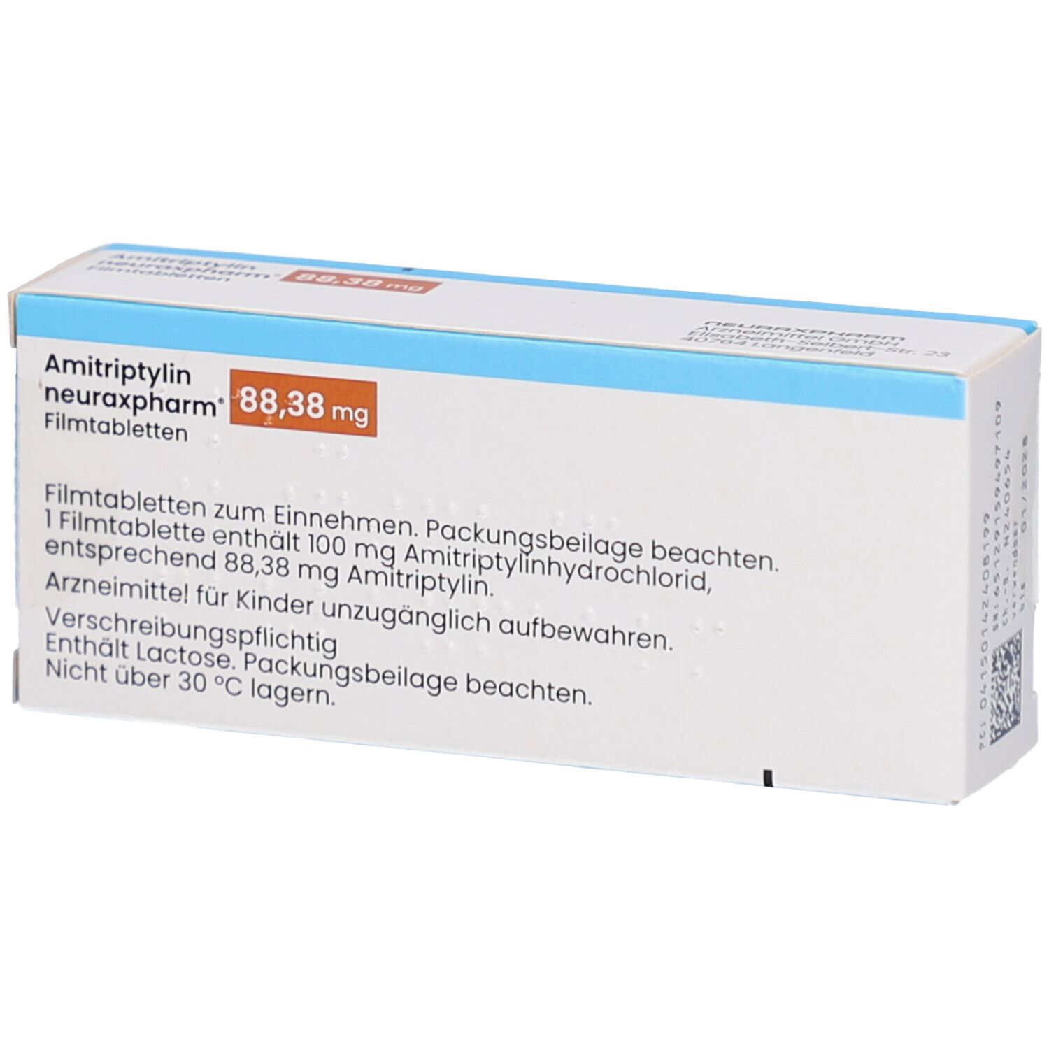 Rückseite der Schachtel AMITRIPTYLIN neuraxpharm 88,38 mg Filmtabletten. Textinformationen auf weißem Hintergrund. Blaue und orangefarbene Akzente.
