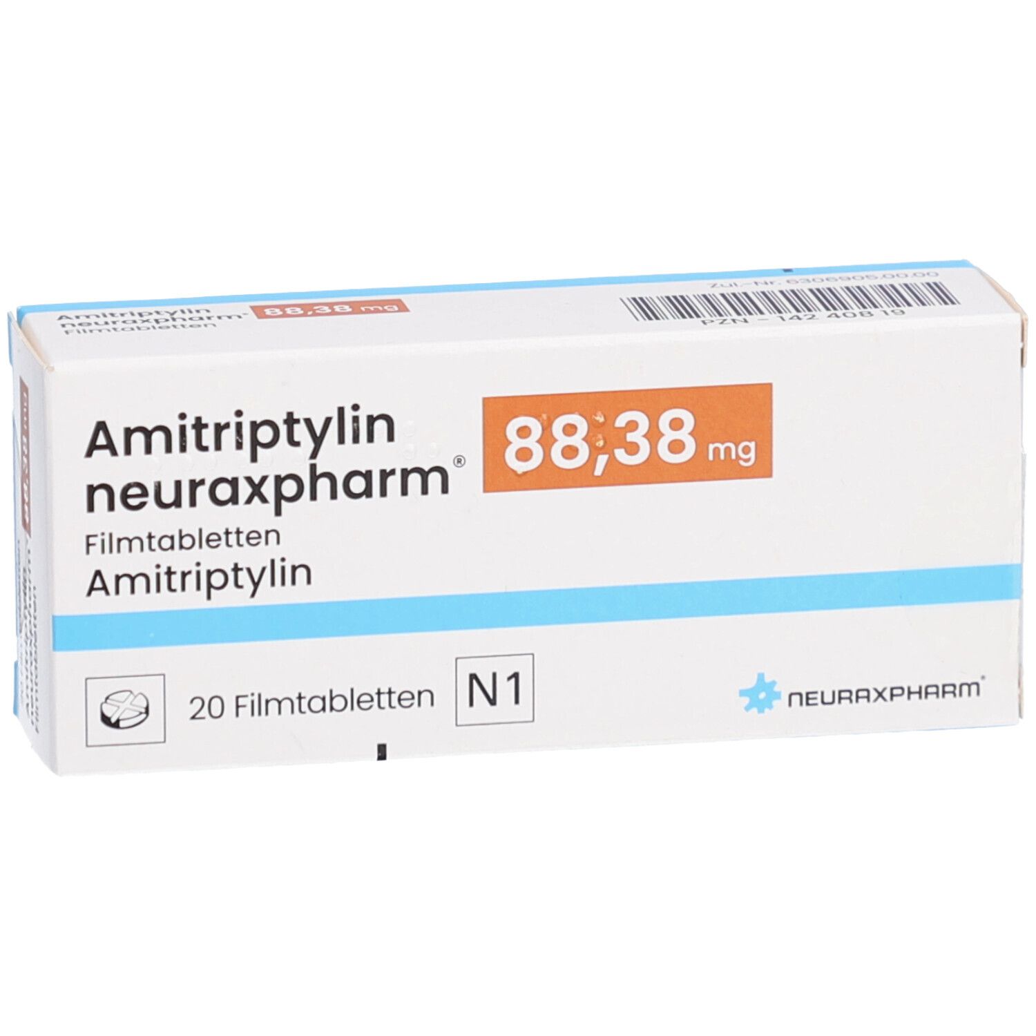 Schachtel AMITRIPTYLIN neuraxpharm 88,38 mg Filmtabletten. Weiße Schachtel mit blauen und orangefarbenen Akzenten. 20 Filmtabletten.