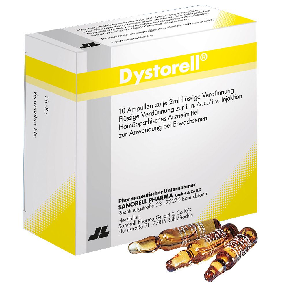 Schachtel mit Dystorell Ampullen. 10 Ampullen, 2ml flüssige Verdünnung. Homöopathisches Arzneimittel. Gelb-weißes Design.