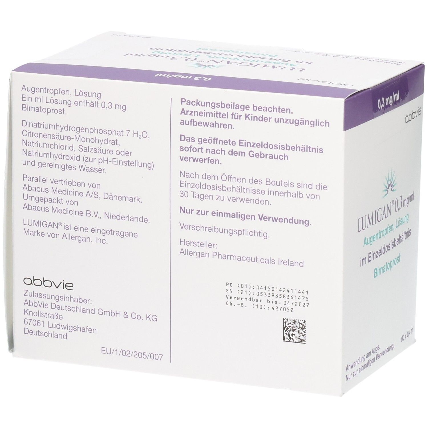 LUMIGAN 0,3 mg/ml Augentropfen, Lösung im Einzeldosisbehältnis, Bimatoprost. Packungsbeilage beachten.