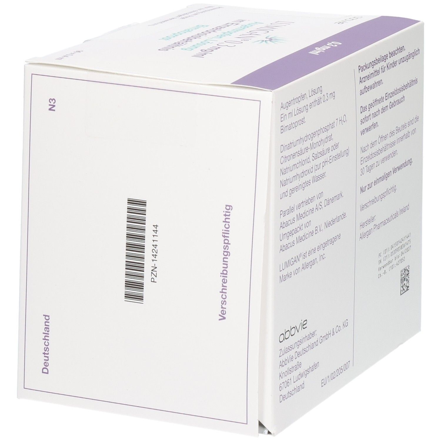 LUMIGAN 0,3 mg/ml Augentropfen, Lösung im Einzeldosisbehältnis, Bimatoprost. PZN-14241144.