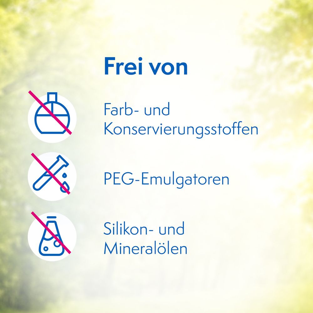 Grafik: Frei von Farb- und Konservierungsstoffen, PEG-Emulgatoren, Silikon- und Mineralölen.
