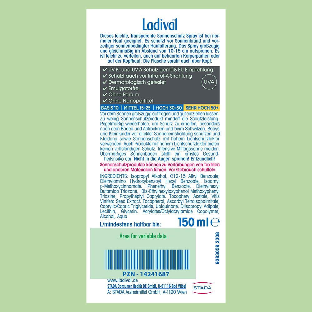 Rückseite der Ladival® Aktiv Spray Sonnenschutz LSF50+ Flasche. Text und Inhaltsangaben. 150 ml.