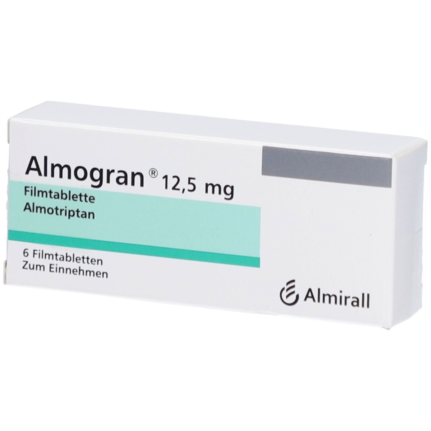 Weiße Schachtel mit "Almogran 12,5 mg Filmtabletten". 6 Tabletten. Almirall Logo.