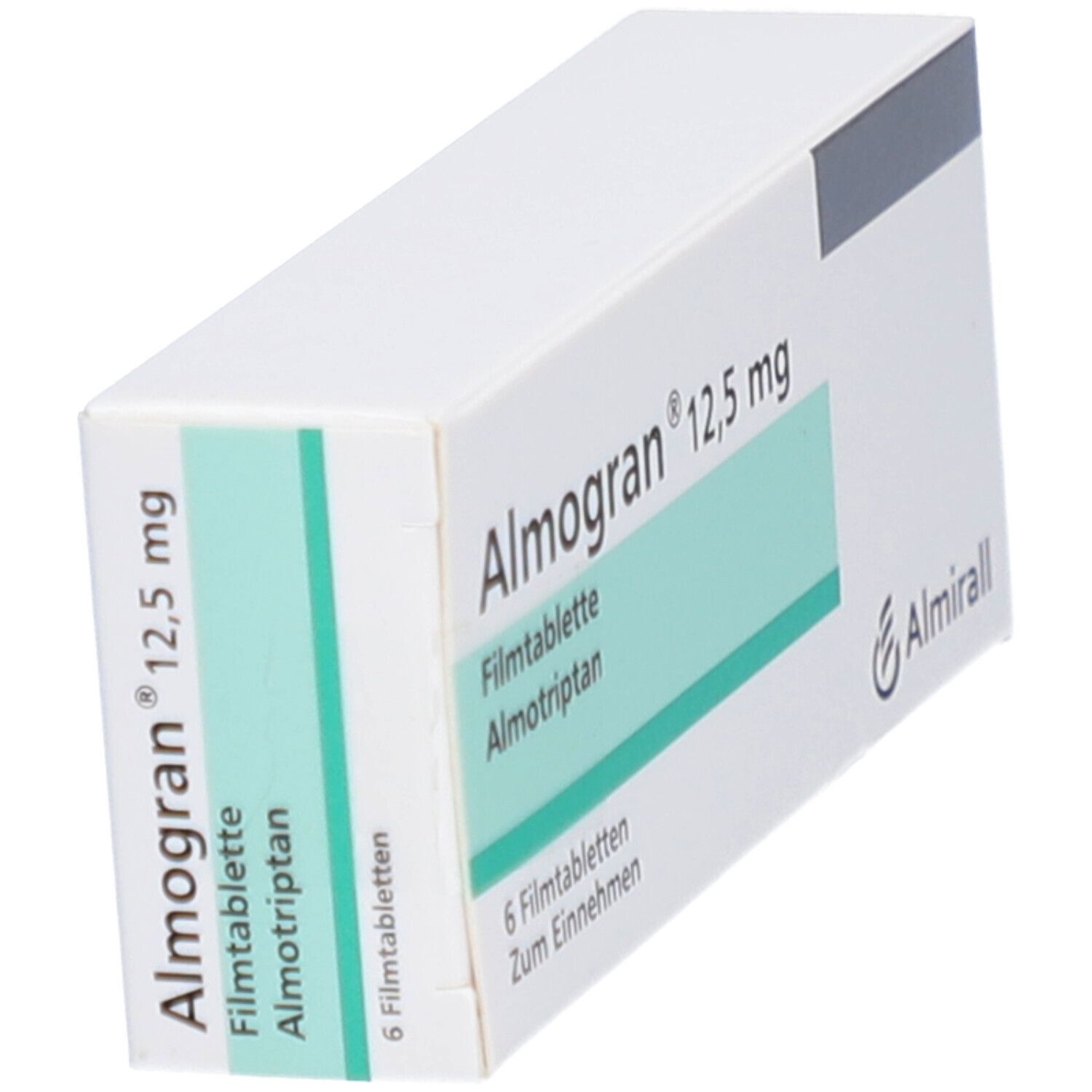 Schachtel "Almogran 12,5 mg Filmtabletten". 6 Tabletten. Almirall Logo. Perspektivische Ansicht.