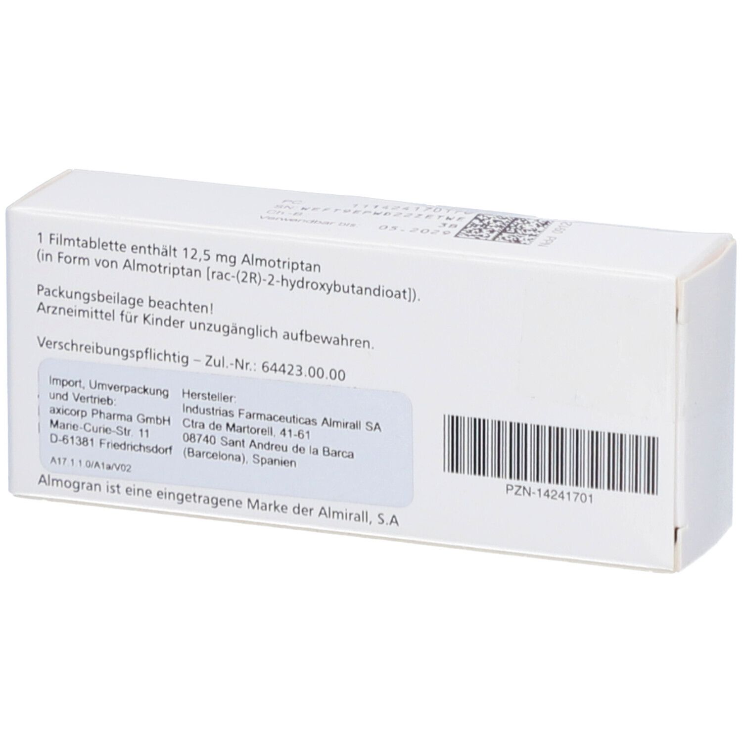Rückseite der Schachtel "Almogran". Text: 1 Filmtablette enthält 12,5 mg Almotriptan. Herstellerinformationen.