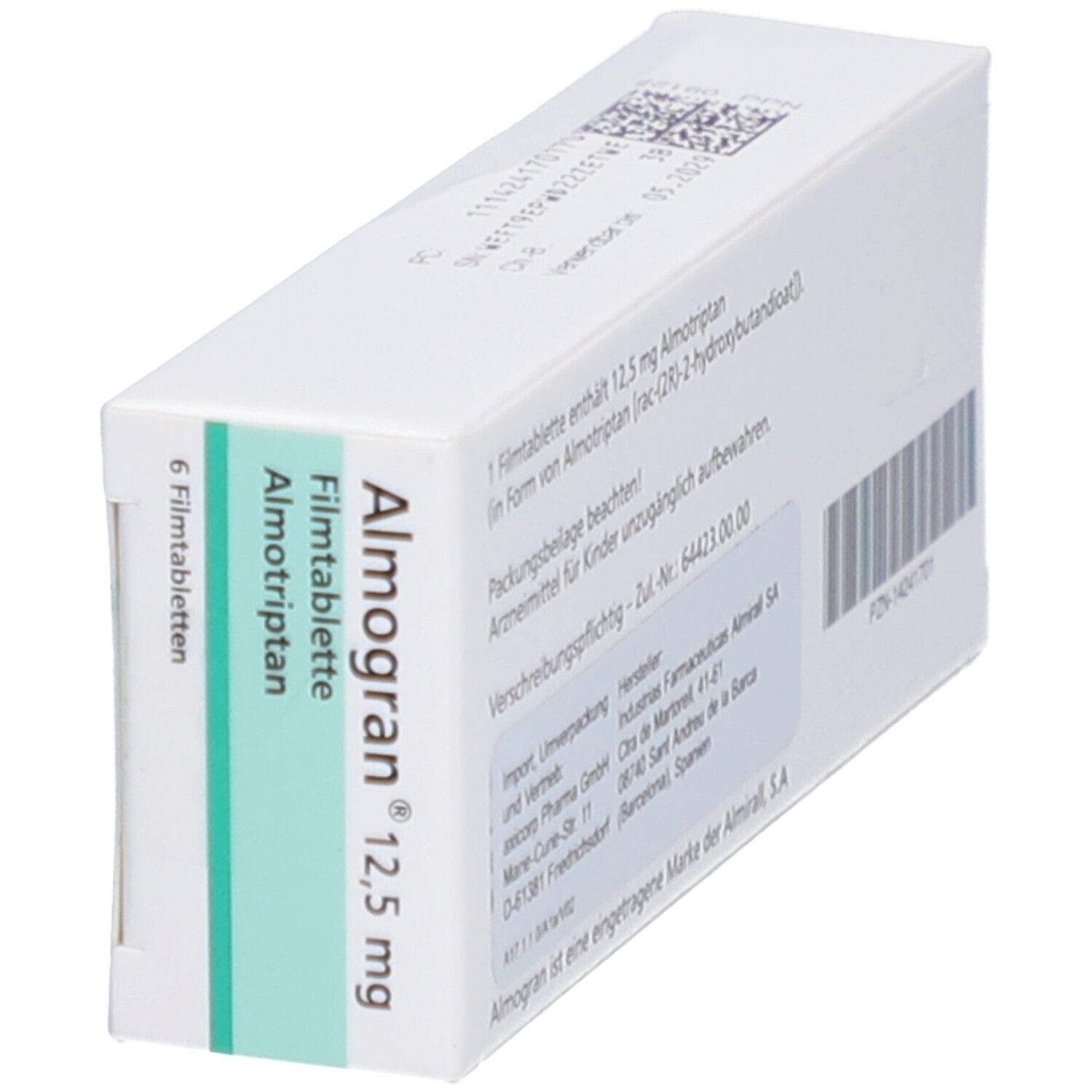 Schachtel "Almogran 12,5 mg Filmtabletten". 6 Tabletten. Rückseite mit Text und Barcode.