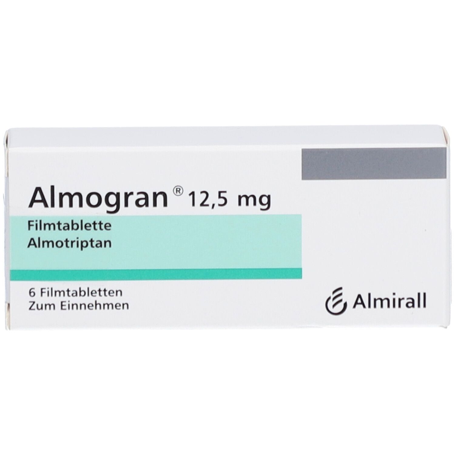 Weiße Schachtel "Almogran 12,5 mg Filmtabletten". 6 Tabletten. Almirall Logo.