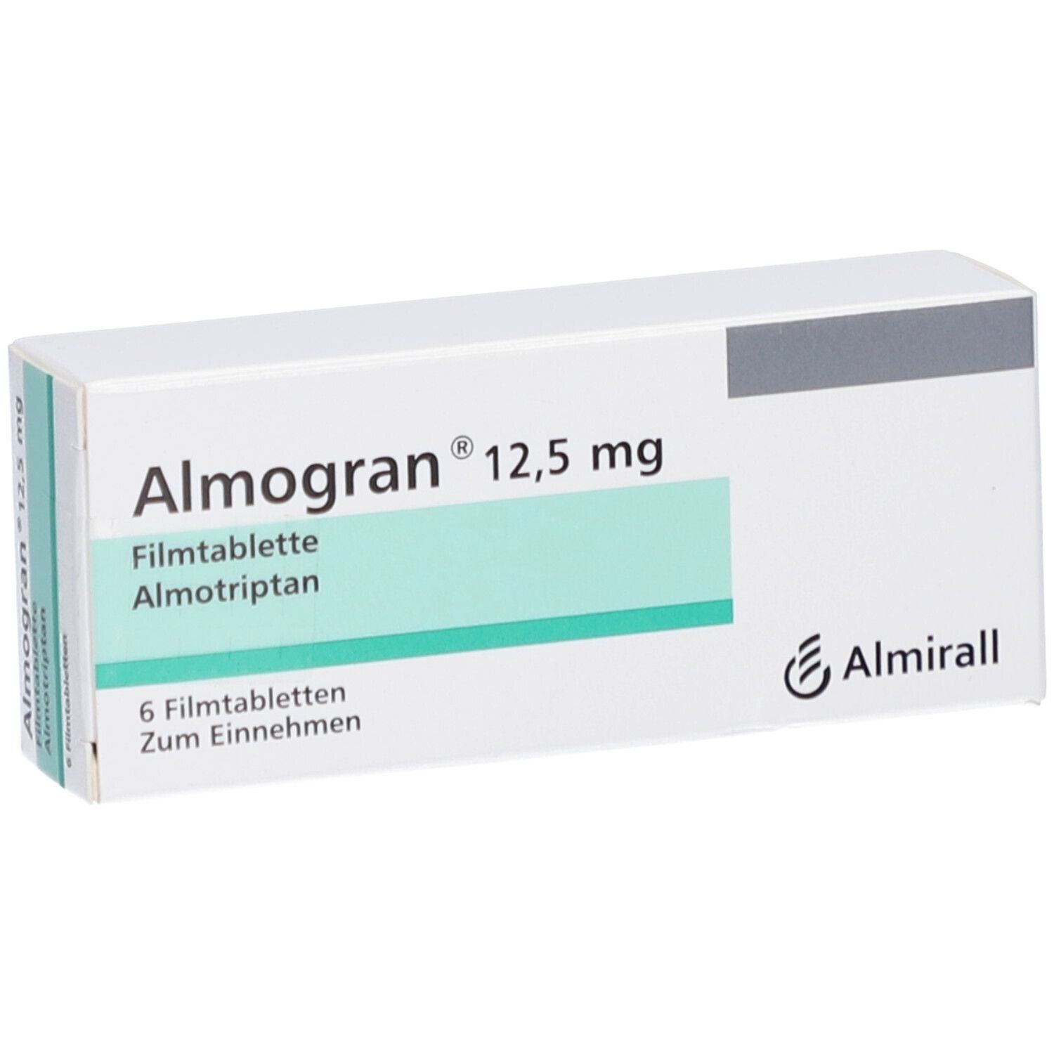 Weiße Schachtel "Almogran 12,5 mg Filmtabletten". 6 Tabletten. Almirall Logo. Perspektivisch.