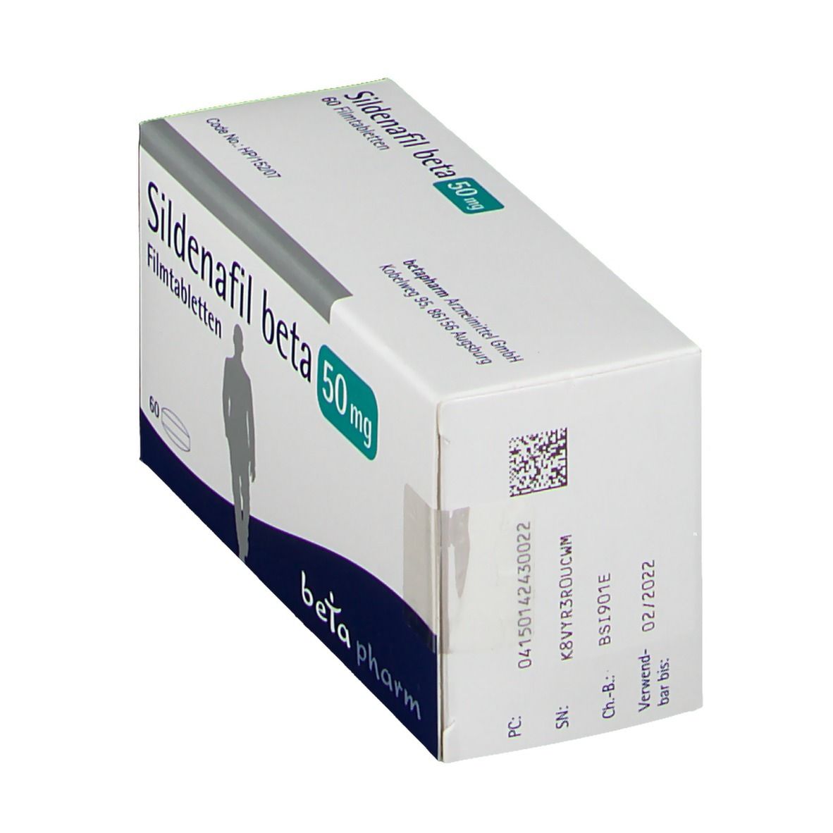 Schachtel Sildenafil beta 50 mg. Aufschrift: 60 Filmtabletten. Logo beta pharm. QR-Code und Verfallsdatum.