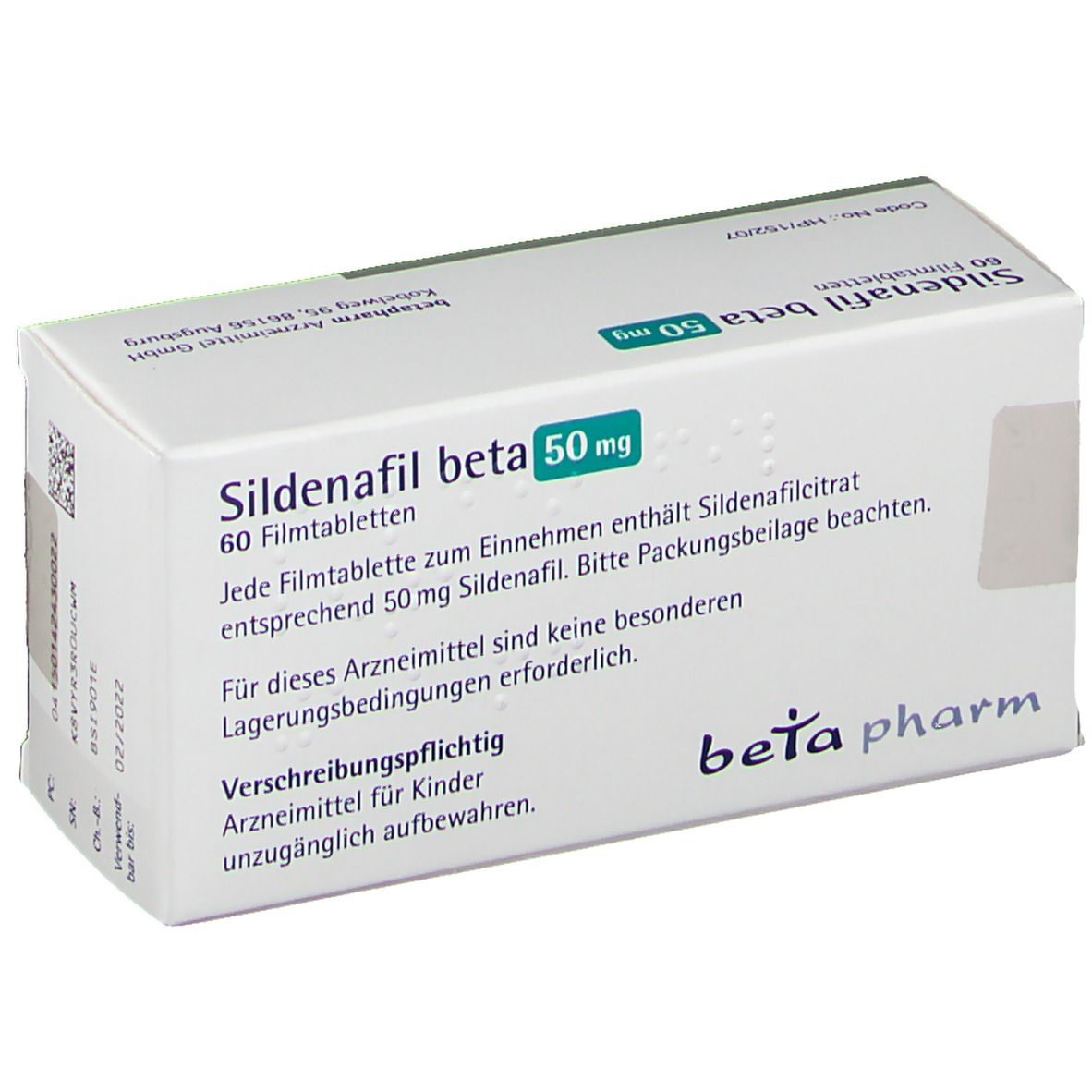 Schachtel Sildenafil beta 50 mg. Aufschrift: 60 Filmtabletten. Logo beta pharm. Text über Inhaltsstoffe und Lagerung.
