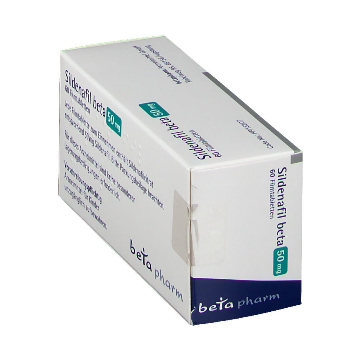 Schachtel Sildenafil beta 50 mg. Aufschrift: 60 Filmtabletten. Logo beta pharm. Ansicht von oben.