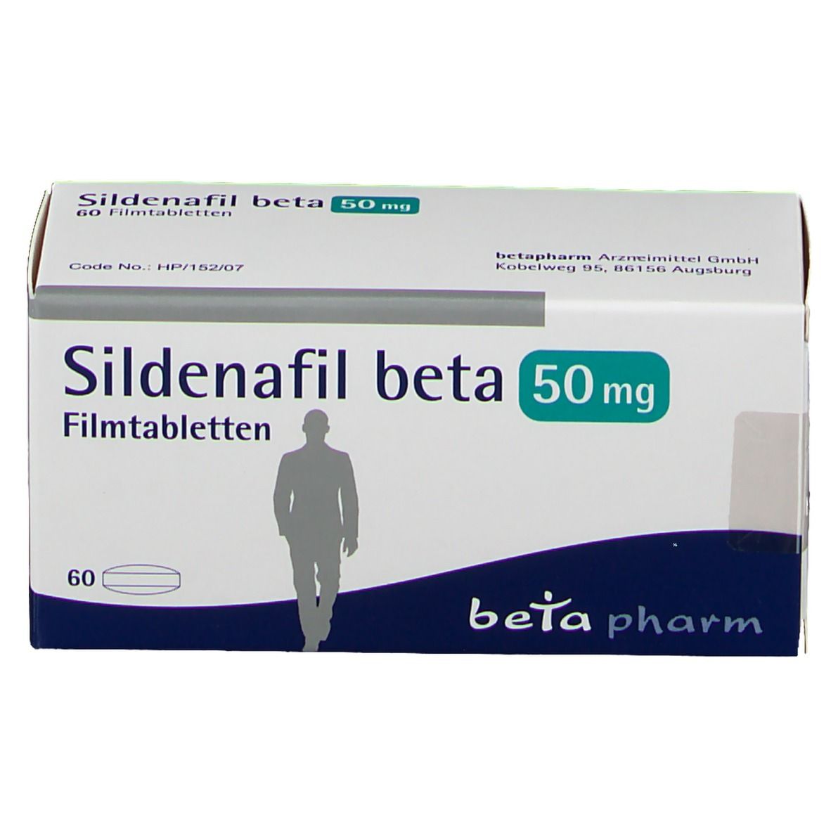 Schachtel Sildenafil beta 50 mg. Aufschrift: 60 Filmtabletten. Logo beta pharm. Abbildung eines Mannes.
