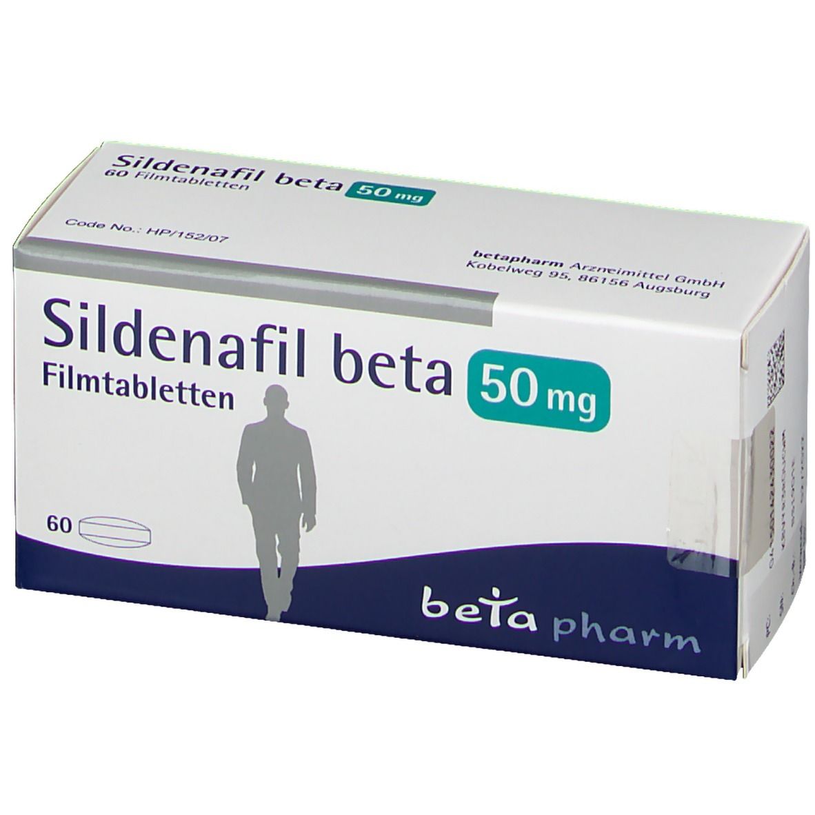 Schachtel Sildenafil beta 50 mg. Aufschrift: 60 Filmtabletten. Logo beta pharm. Tabletten-Form.