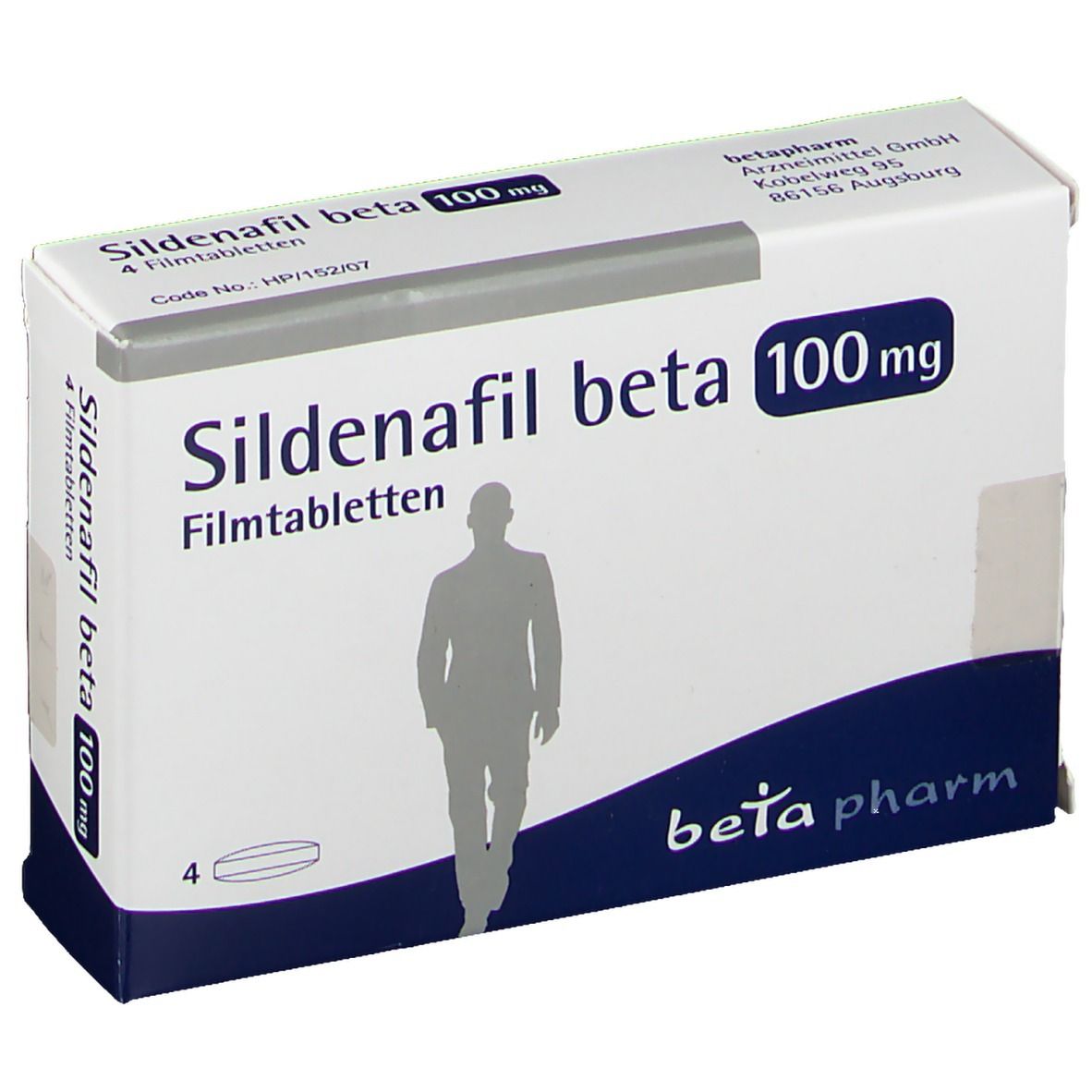 Schachtel Sildenafil beta 100 mg, 4 Filmtabletten. Aufdruck: beta pharm, Mann-Silhouette.
