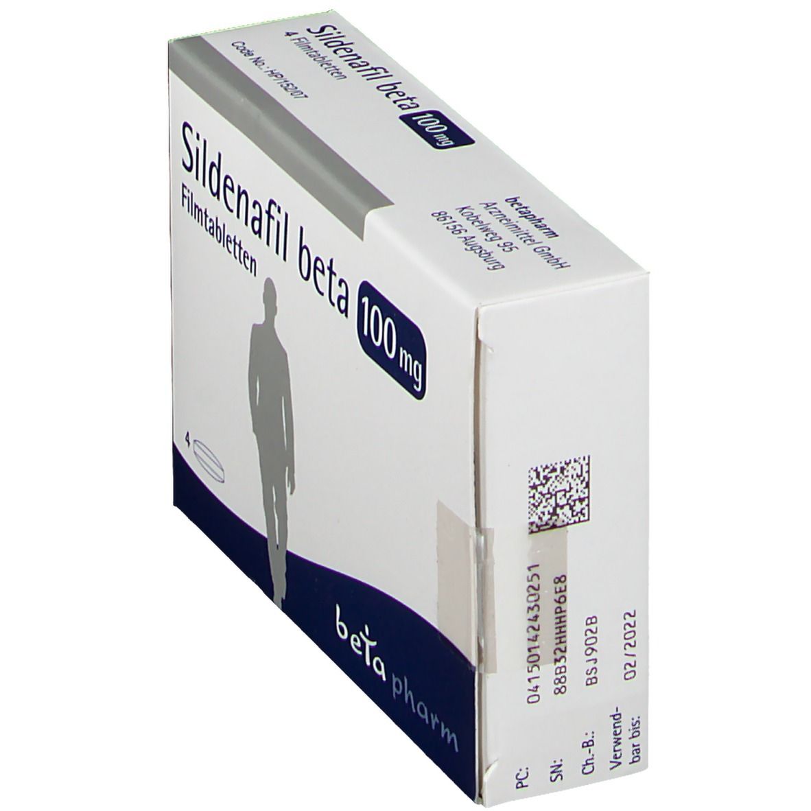 Schachtel Sildenafil beta 100 mg, Seitenansicht. Aufdruck: beta pharm, Chargennummer, Verfallsdatum.