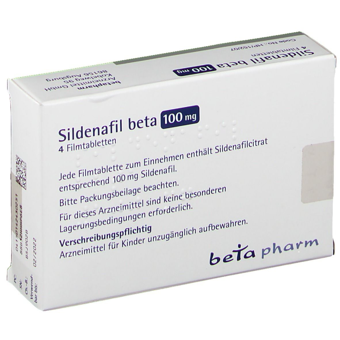 Schachtel Sildenafil beta 100 mg, Textinformationen. Aufdruck: beta pharm, 4 Filmtabletten.