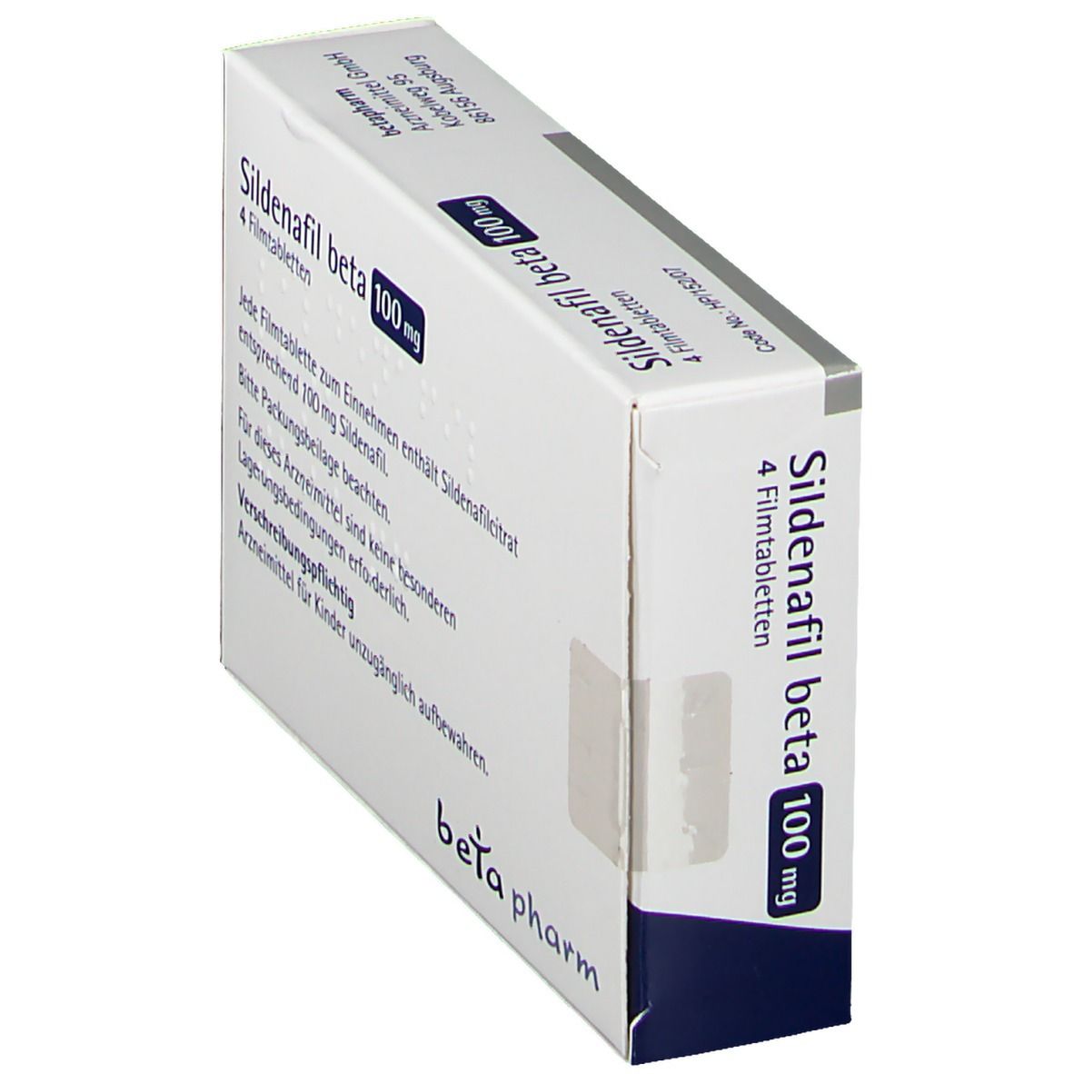 Schachtel Sildenafil beta 100 mg, Seitenansicht. Aufdruck: beta pharm, 4 Filmtabletten.