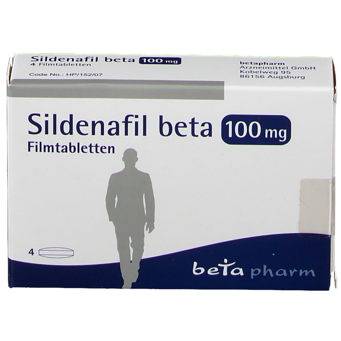 Schachtel Sildenafil beta 100 mg, 4 Filmtabletten. Aufdruck: beta pharm, Mann-Silhouette.