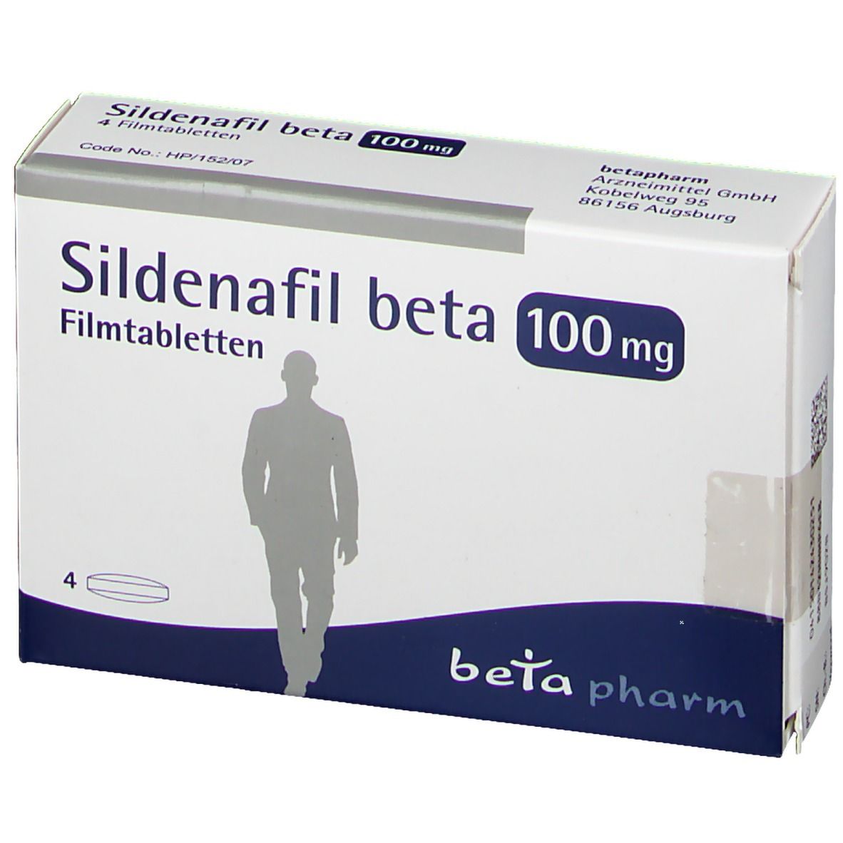 Schachtel Sildenafil beta 100 mg, 4 Filmtabletten. Aufdruck: beta pharm, Mann-Silhouette.