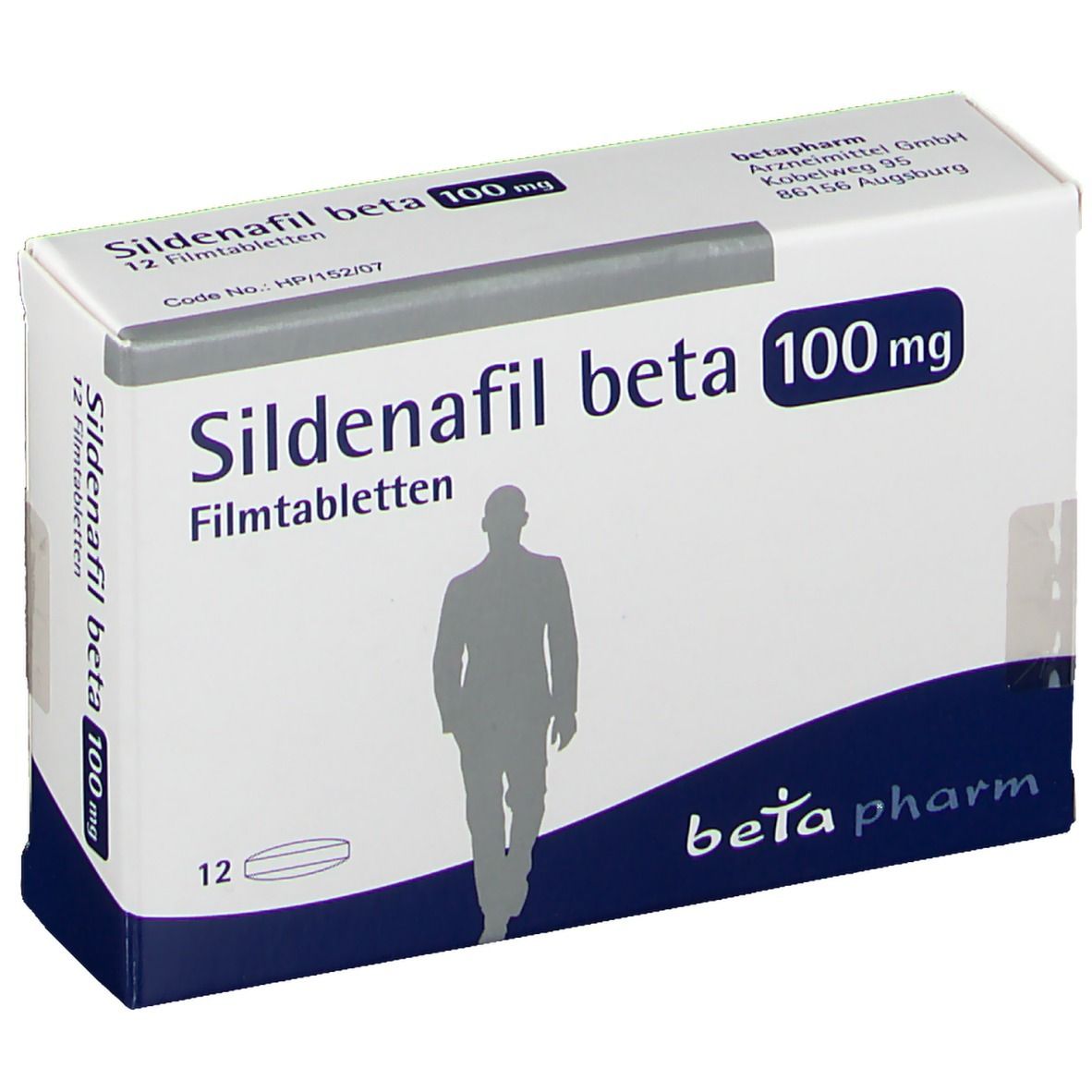 Schachtel Sildenafil beta 100 mg, 12 Filmtabletten. Marke beta pharm. Aufdruck mit Mann-Silhouette.