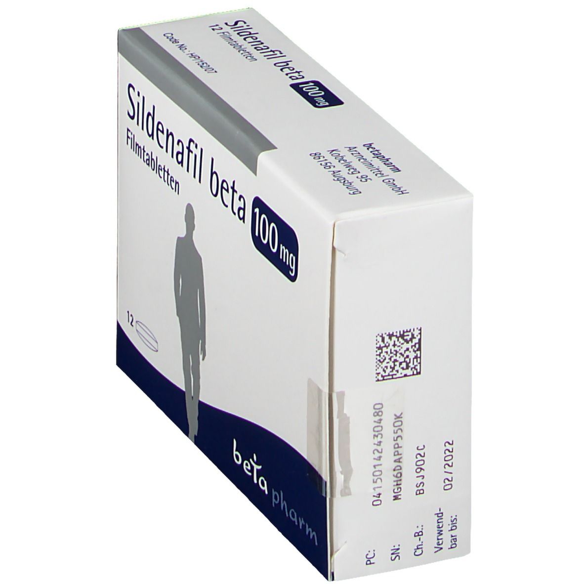 Schachtel Sildenafil beta 100 mg, 12 Filmtabletten. Marke beta pharm. Seitenansicht mit Barcode.