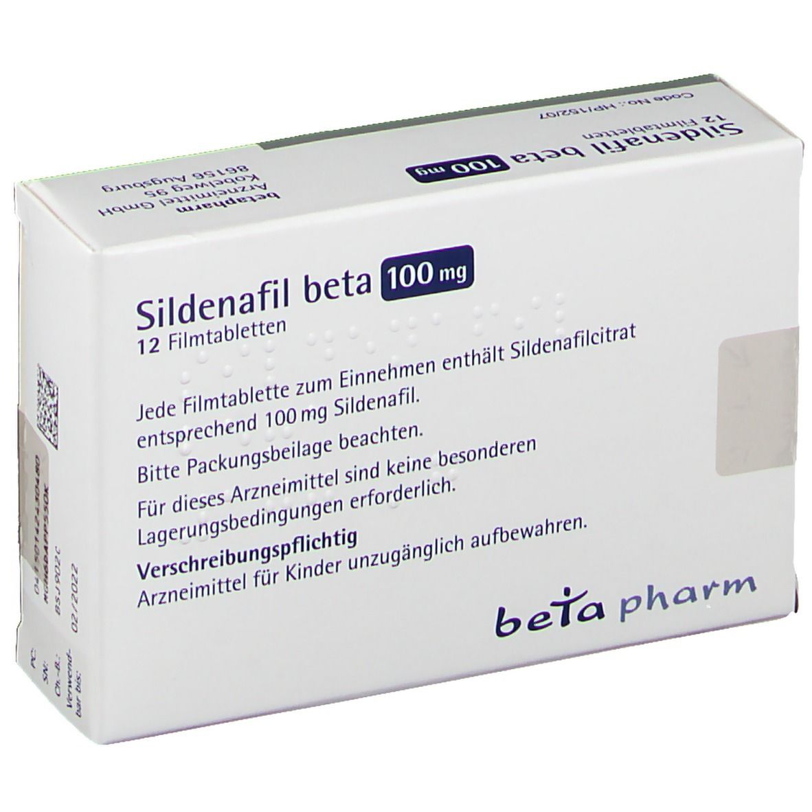 Schachtel Sildenafil beta 100 mg, 12 Filmtabletten. Marke beta pharm. Text auf der Rückseite.